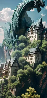 Fantasy dragon perched on a castle amidst mountains.