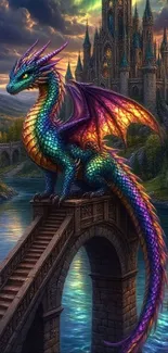 Vibrant dragon perched near a mystical castle with a scenic backdrop.