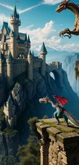 Majestic castle with dragons in a fantasy setting.