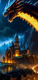 Fantasy dragon flying over a lit castle at night with a moonlit sky.