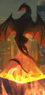 Fantasy dragon soaring over city skyline in vibrant night colors.