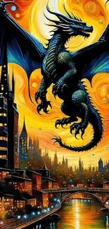 Vibrant dragon flying over a cityscape.