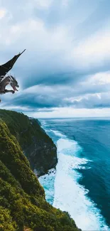 Dragon flying over coastal cliffs with ocean view.