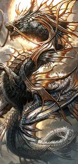 Majestic dragon fantasy art with intricate details and bronze hues.