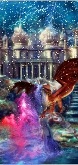 Fantasy wallpaper featuring a dragon and castle with lightning in vivid colors.