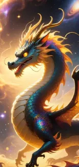 Colorful dragon in a cosmic fantasy setting.