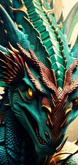 Detailed dragon fantasy wallpaper with vibrant teal and golden hues.