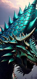 Majestic dragon with teal scales and a fantasy background.