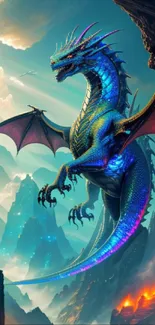 A majestic blue dragon soaring over fiery mountains in a fantasy setting.