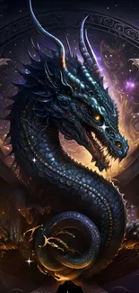 Majestic dark dragon with glowing eyes in fantasy setting.