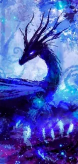 Mystical dragon in a blue forest fantasy wallpaper.