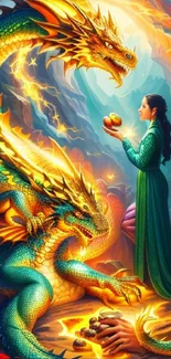 Fantasy dragon art with woman in green, vibrant colors.