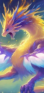 A vibrant fantasy dragon illustration in gold and purple hues.