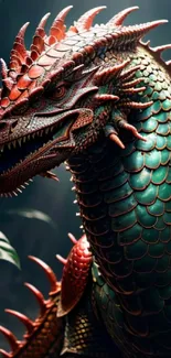 Vibrant dragon in a fantasy setting with intricate green and red scales.