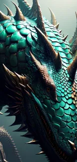 Majestic teal dragon with intricate scales and horns.