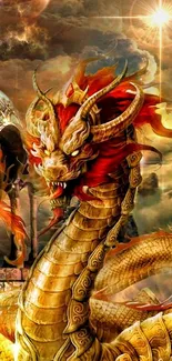 Majestic golden dragon with fiery accents in a fantasy landscape.