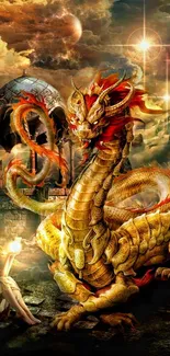 Majestic golden dragon in fantasy landscape with ruins.