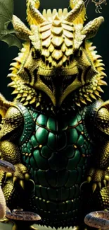 Emerald and gold dragon with mythical aura and reptilian scales.