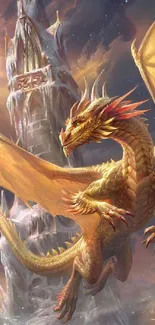 Golden dragon flying over a fantasy tower in a mystical setting.