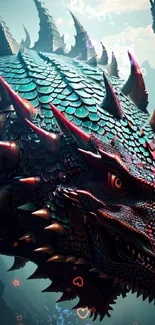 Majestic dragon with teal scales in a fantasy setting, close-up view.