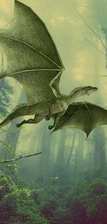 Dragon soaring in a lush, mystical forest scene wallpaper.