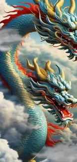 Blue dragon soaring through fluffy clouds in a fantasy-themed wallpaper.