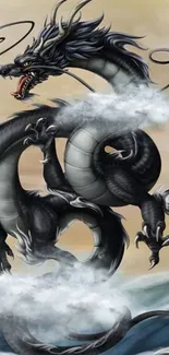 Majestic black dragon amidst clouds over an ocean, creating a mystical scene.