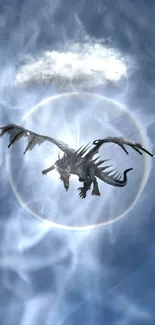 Dragon soaring in a cloudy sky with a mystical aura.