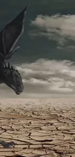 Dragon soaring over a cracked desert under dramatic clouds.