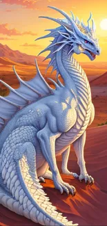 White dragon overlooking a sunset desert landscape with vivid colors.