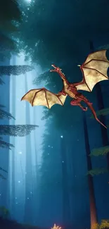 Dragon flying through an enchanted forest with a mystical blue glow.