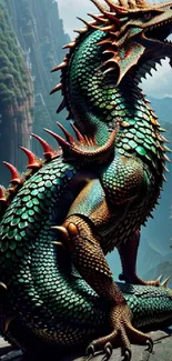 Majestic dragon in a lush, mystical landscape with vibrant emerald scales.