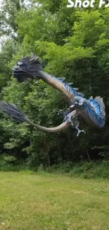 Majestic dragon flying through lush green forest.