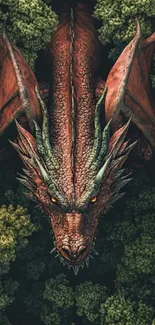 Majestic red dragon hidden within lush forest foliage.