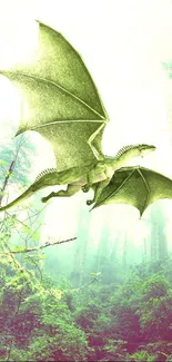 Green dragon flying over a misty forest.