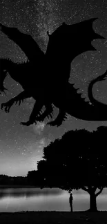 Dragon silhouette over starry night sky with tree reflection.