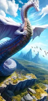 Mobile wallpaper with a dragon soaring above a scenic landscape.