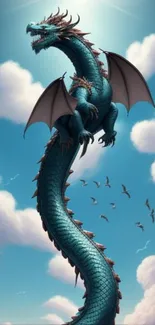 Majestic dragon soaring through a blue sky with fluffy clouds.