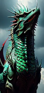 Majestic green dragon under a dark stormy sky wallpaper.