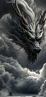 Majestic dragon soaring through stormy clouds.