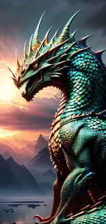 Majestic dragon with teal scales at sunset in a fantasy landscape.