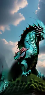 Teal dragon set against a dramatic sky with clouds.