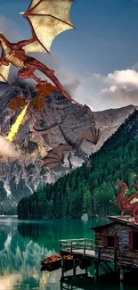 Dragon flying over mountain lake with cabin