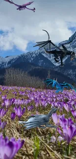 Dragons soar over a purple flower field with mountains in the background.