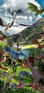 Vibrant wallpaper of dragons in a picturesque mountain landscape.