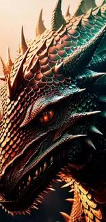 Majestic dragon with intricate scales in vibrant orange hues on mobile wallpaper.