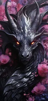 Elegant dragon with glowing eyes among pink flowers.