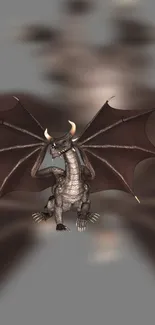 A dark brown dragon with wings sits majestically against a blurred background.