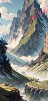 Fantasy mountain scene with dragon and bridge.