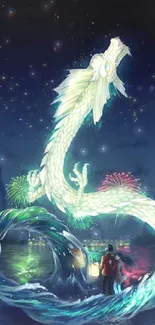 Luminous dragon in night sky with fireworks, reflecting on serene water.